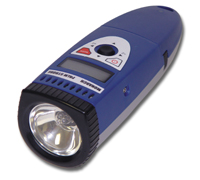 A blue flashlight with a digital display.