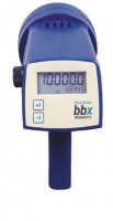 A blue and white electronic device is on display.